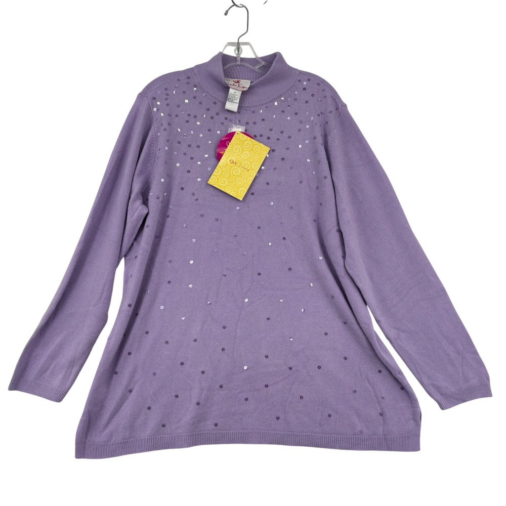 Quacker Factory Sweater Size 1X Lavender Purple Sequin Mock Neck Side Slit